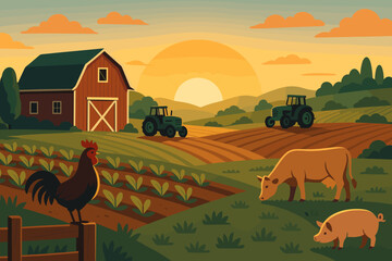 Fototapeta premium Sunrise over a vibrant farm with livestock and tractors working in the fields