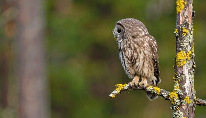 A small owl perched on a lichen-covered branch, facing away, in a blurred forest background