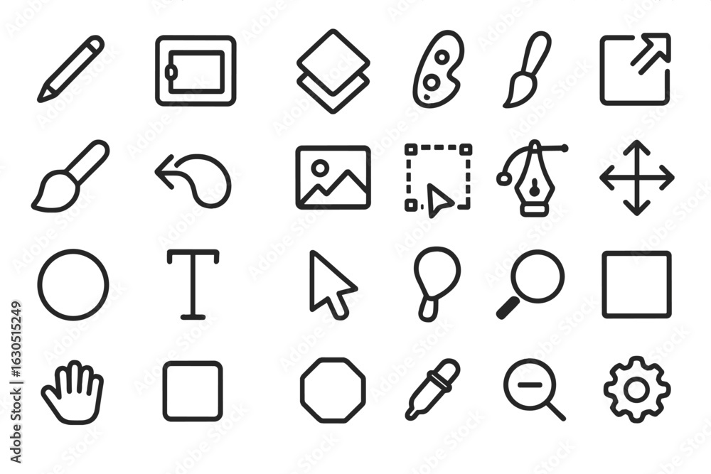 Poster collection of design and editing icons for creative projects displayed on a digital interface