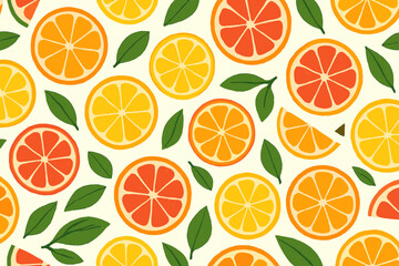 Colorful citrus fruit pattern featuring oranges, lemons, and grapefruits with green leaves on a cream background showcasing summer freshness