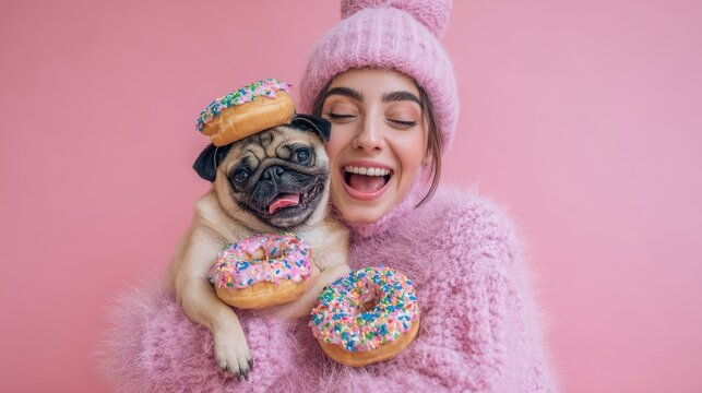 joyful woman has fun with pug dog has upbeat mood holds festive delicious donuts celebrate pet birthday wears knitted sweater isolated over pink background special occasion and celebration no logos n