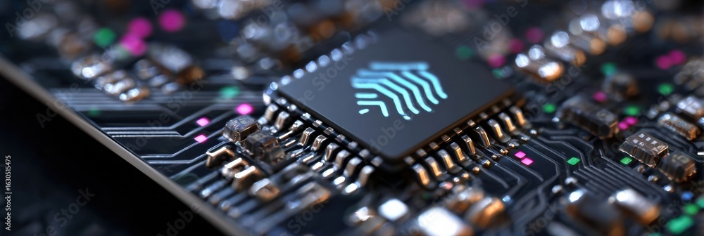 Poster close-up view of a microchip on a circuit board highlighting intricate electronic connections and de
