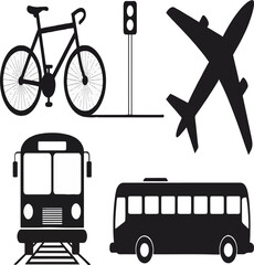 Urban Transportation Icons Set, Bicycle, Airplane, Train, and Bus Silhouette Vector