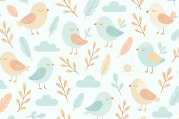 Colorful cartoon birds and leaves create a cheerful pattern ideal for children's decor or fabric design
