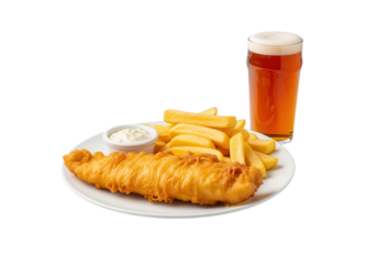 Classic Fish and Chips with Beer on White Background