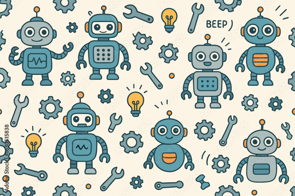 Aufkleber fun and colorful robot pattern featuring playful designs and mechanical elements in a light backgrou