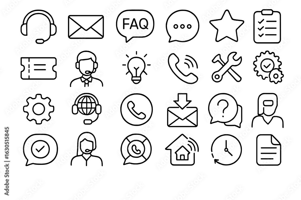 Poster collection of simple line icons representing customer service, support tools, and communication meth