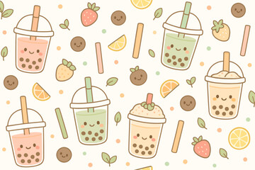 Colorful bubble tea pattern with cute illustrations of drinks, fruits, and smiling faces in a playful design