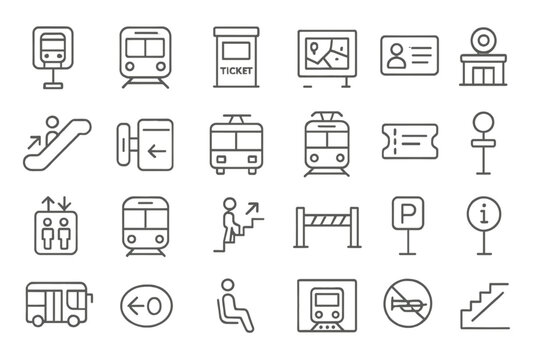 Symbols representing urban transportation and wayfinding in a transit system at various locations