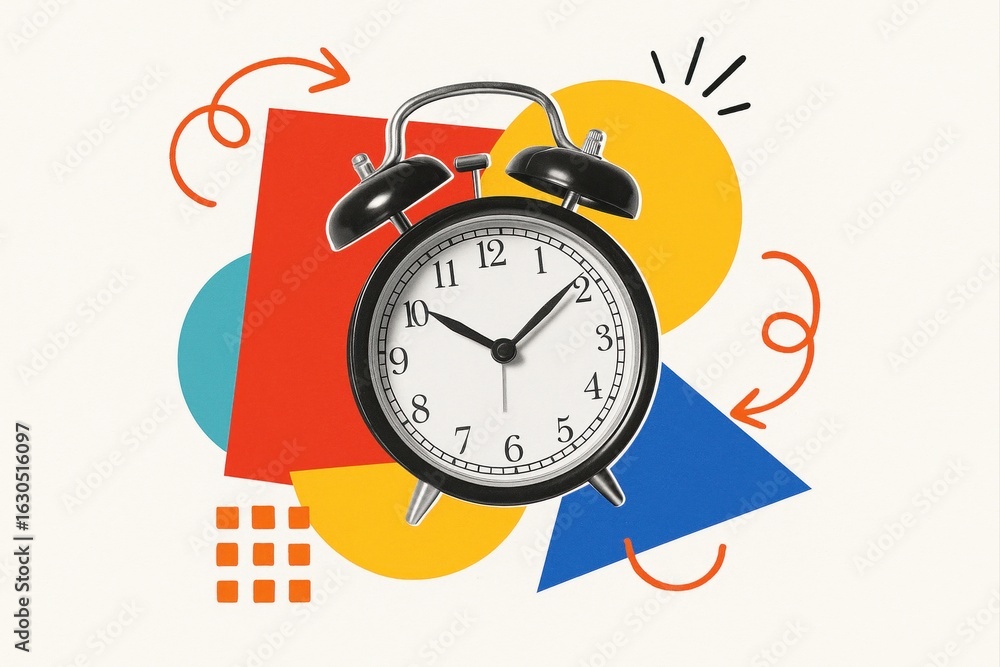 Poster Retro alarm clock on vibrant geometric abstract background with colorful shapes and dynamic arrows creating playful energy