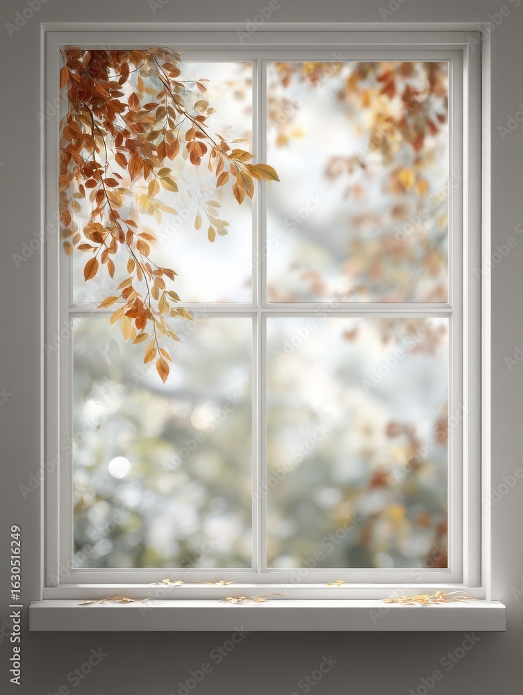 Poster a photo of a white window with a background of blurry leaves can be used as a place for presentation