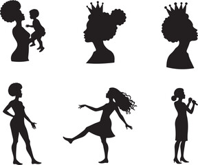 Obraz premium Empowered women silhouettes: motherhood, royalty, dance, and speaking