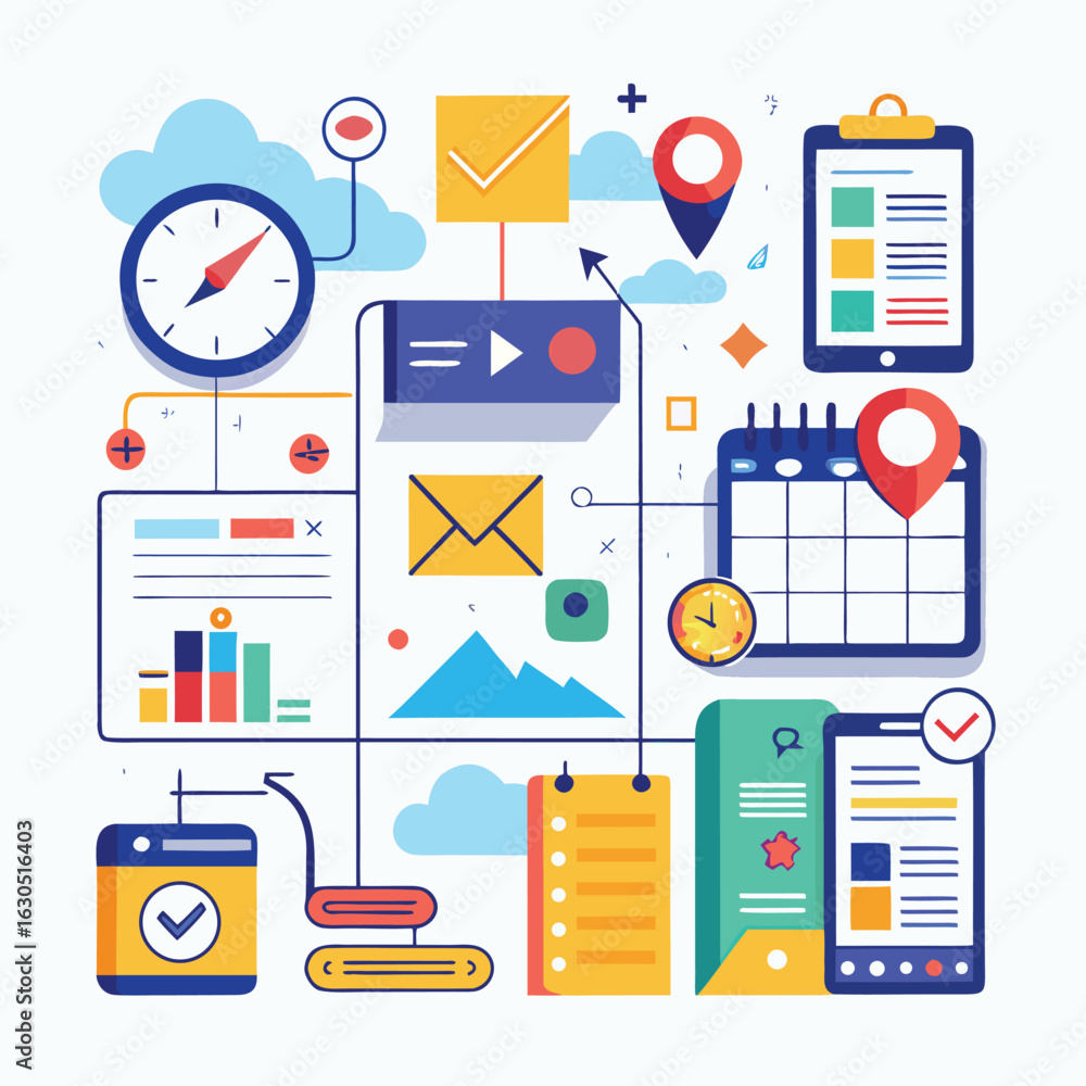 Poster vector illustration of business processes and digital workflow icons on a white background for moder