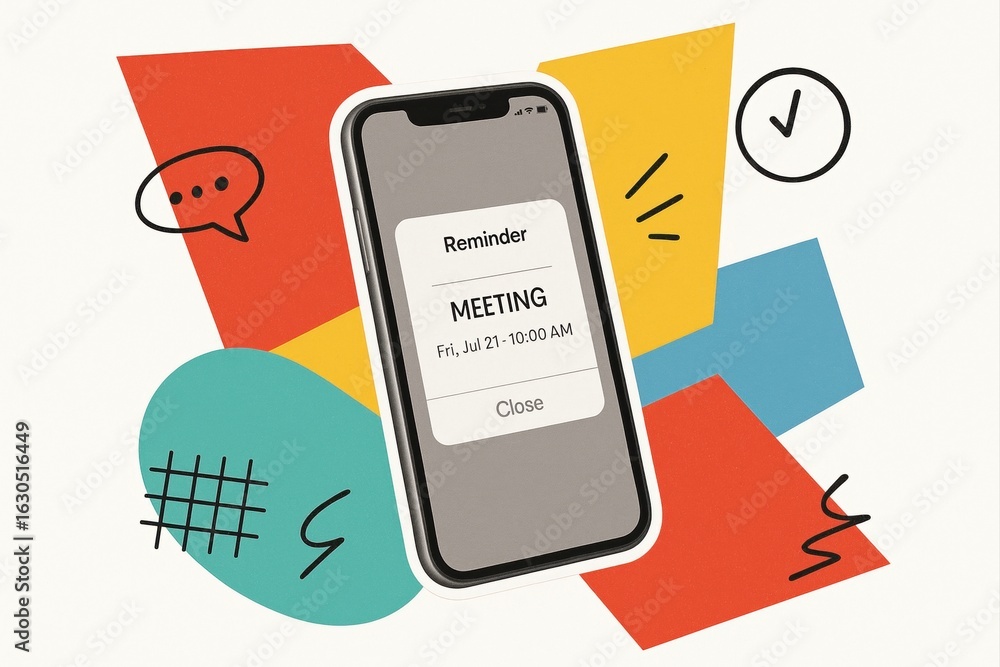Poster creative collage with smartphone reminder and abstract color blocks on a modern artistic background 