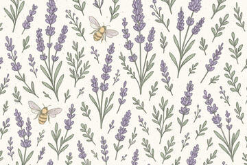 Fototapeta premium Seamless Hand-Drawn Lavender and Bee Pattern with Green Leaves on Soft Cream Background in Botanical Vintage Style