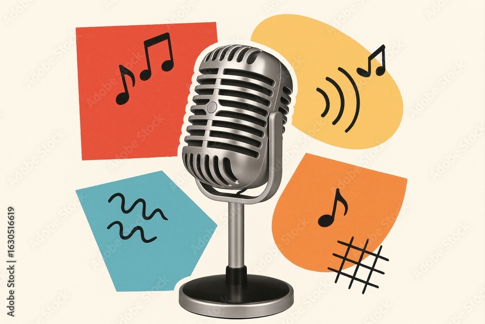 Aufkleber vintage microphone with colorful abstract shapes and music notes, creating a modern artistic audio c