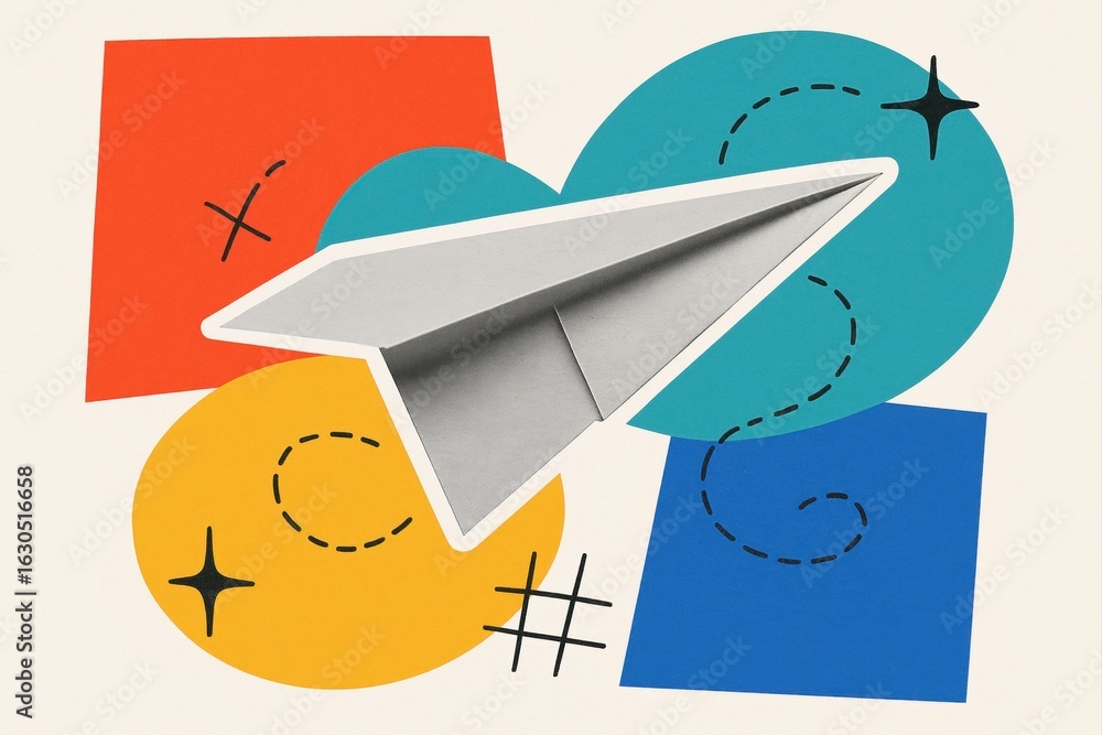 Poster dynamic paper airplane soaring over colorful geometric backdrop in modern collage capturing playful 