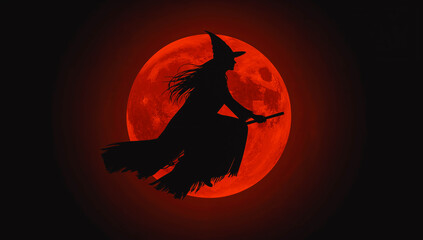 Fototapeta premium Witch Flying on Broomstick Against Red Moon