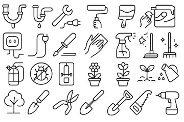 Black line icon set of home maintenance, cleaning, gardening, and DIY tools on dark gradient background