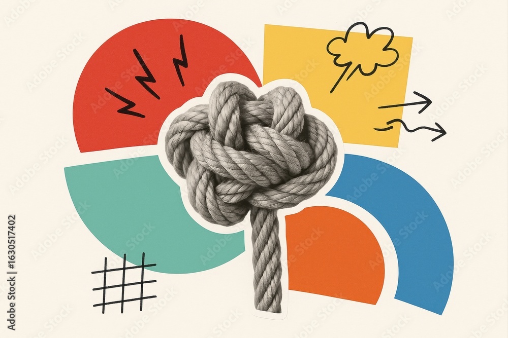 Poster creative modern collage with colorful geometric shapes and knotted rope symbolizing connection and c