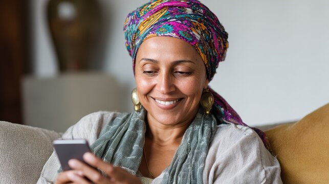 smiling middle aged african woman with traditional head turban sitting on couch at home using smartphone beautiful african american woman with typical headscarf scrolling through internet on phone no