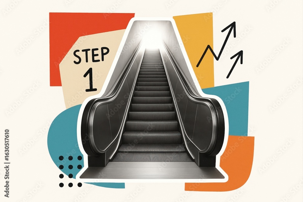 Poster modern art collage with colorful abstract shapes and escalator symbolizing progress and upward movem