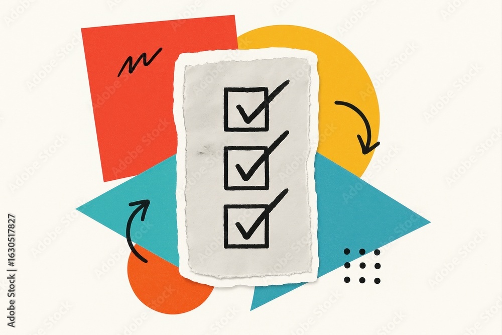 Poster modern abstract collage with geometric color blocks and checklist symbolizing organization and creat
