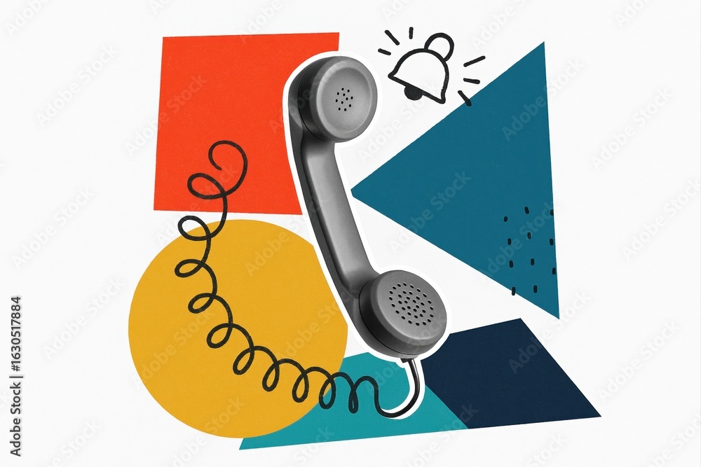 Aufkleber retro telephone receiver with colorful geometric shapes creating a nostalgic collage design of abstr