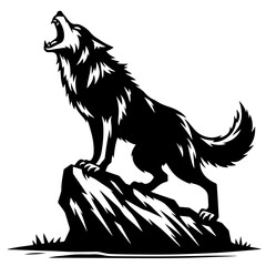 Clean black and white silhouette vector of a wolf howling on rock on white background