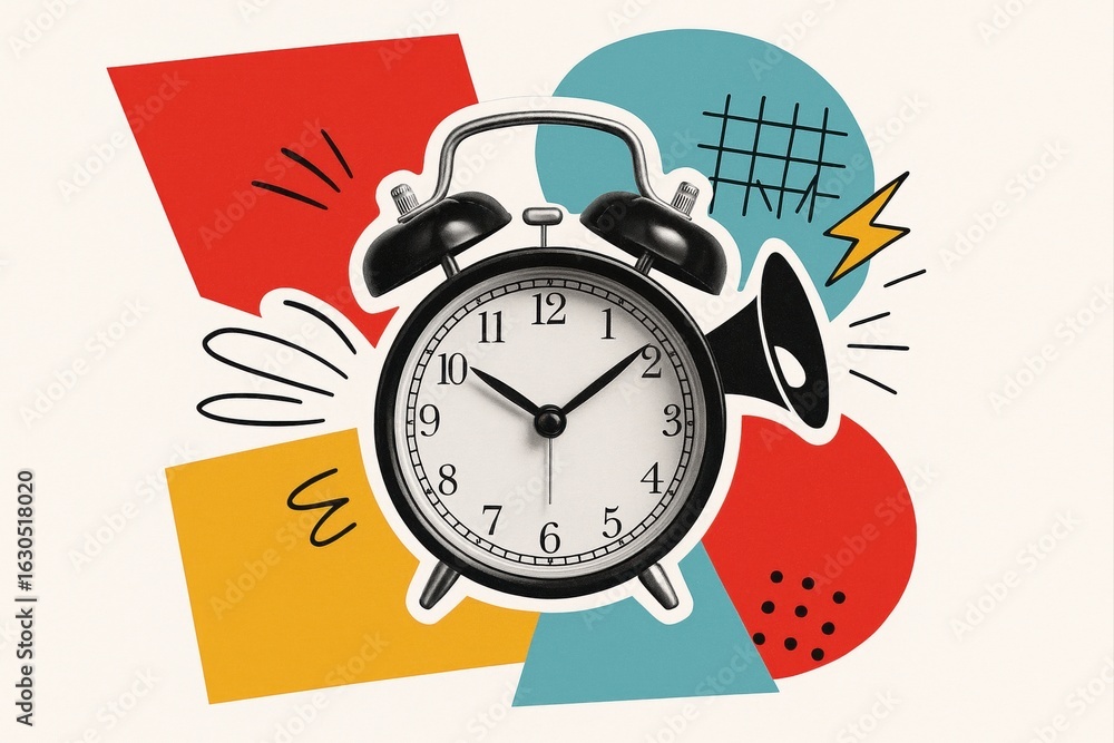 Poster retro alarm clock with bold geometric color blocks and abstract shapes evoking a sense of timeless c