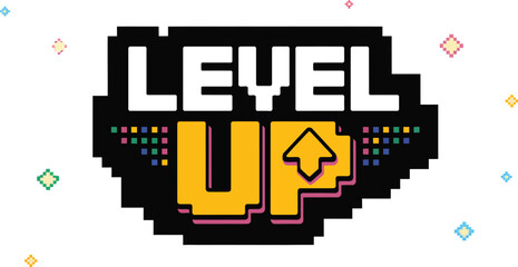 A retro pixel style level up graphic with an arrow on a blue background
