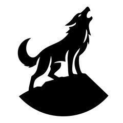 Clean black and white silhouette vector of a wolf howling on rock on white background