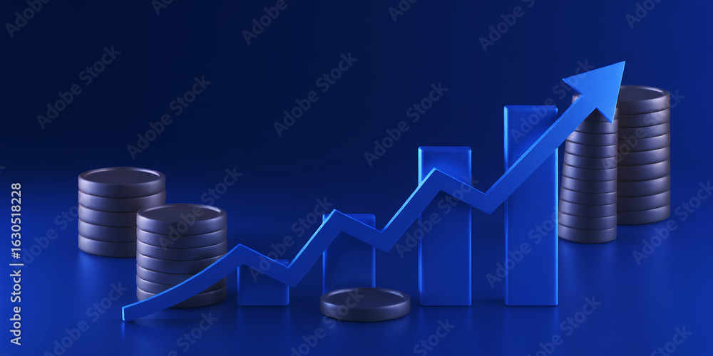 Aufkleber a blue arrow trending upwards with coin stacks and bar graphs on a blue gradient background