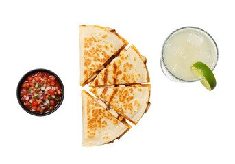 Quesadilla with Salsa and Margarita, Isolated on White