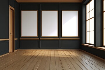 Obraz premium Dark room with three empty frames and large windows