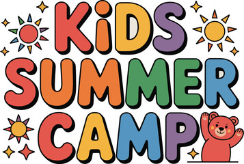 A colorful kids summer camp design with a cute bear and stars