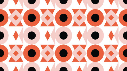 A retro geometric pattern with circles, triangles, and diamonds in pink, orange, and black