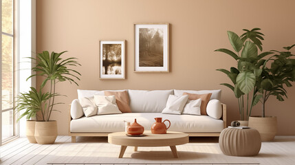 Naklejka premium Cozy Earth-Toned Living Room with Decorative Vases and Art Prints 