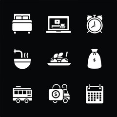 White Icon Collection on Black Background Featuring Bed Laptop Alarm Clock Soup Salad Money Bag Bus Truck and Calendar