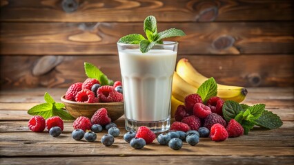 Savor a refreshing glass of creamy milk surrounded by vibrant raspberries, blueberries, and ripe bananas, garnished with fresh mint leaves.