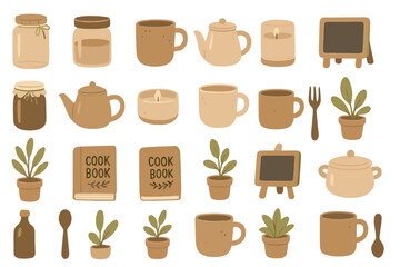 Various kitchen and homeware items arranged in a stylish collection featuring pots, containers, and greenery for a cozy atmosphere