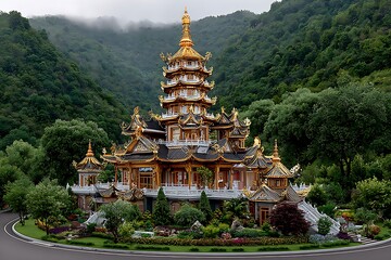 Forest and flowers cradle golden pagoda high resolution picture