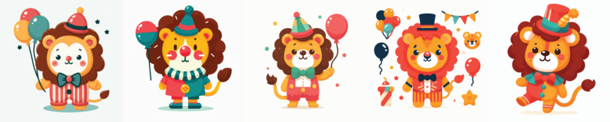 cute lion vector wearing a clown costume