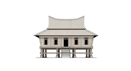Illustration of a traditional stilt house with a distinctive curved roof, isolated on a white background.