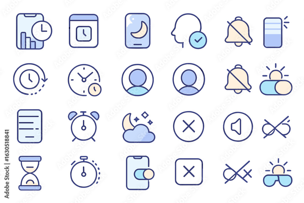 Poster various time management icons displayed in a simple and colorful layout, representing different func