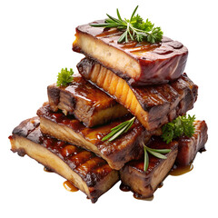 Delicious Stack of Grilled Pork Ribs with Herbs on Transparent Background