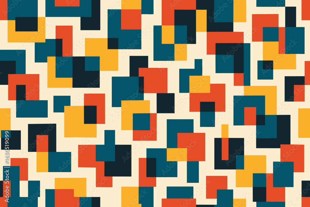 Poster colorful geometric design featuring overlapping shapes in various sizes and hues on a light backgrou