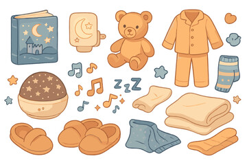 Cozy bedtime essentials including teddy bear, pajamas, and blankets for a peaceful night