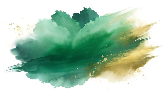 Illustration of abstract green and gold watercolor splash with paint strokes and powder explosion on white background