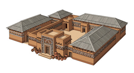 An isometric view of a traditional African courtyard house, showcasing its intricate architecture and layout.